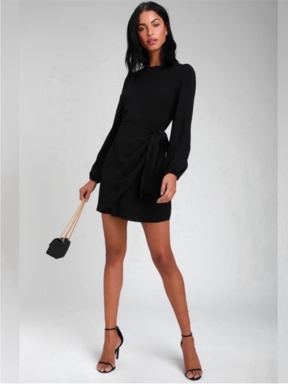 Lulus Black Long-Sleeve Tie-Waist Mini Dress Size Small